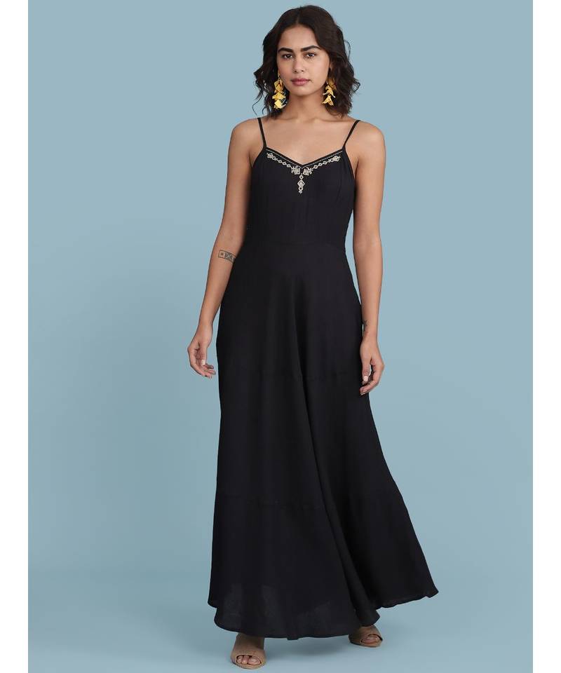 Black & Off White Printed Ensemble Strappy Long Dress With Cape