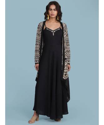 Black & Off White Printed Ensemble Strappy Long Dress With Cape 1