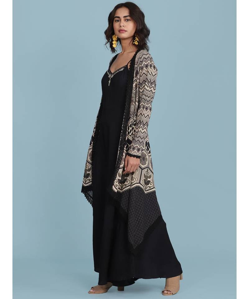 Black & Off White Printed Ensemble Strappy Long Dress With Cape