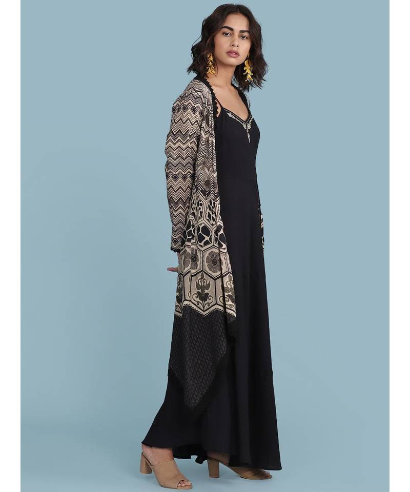 Black & Off White Printed Ensemble Strappy Long Dress With Cape