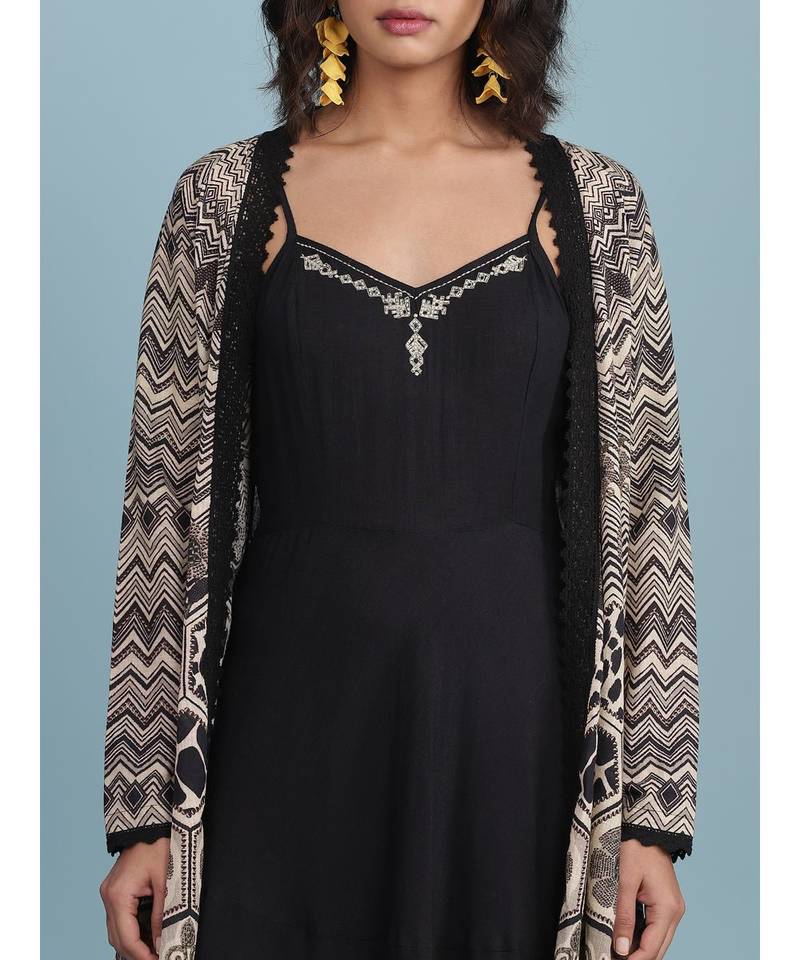 Black & Off White Printed Ensemble Strappy Long Dress With Cape