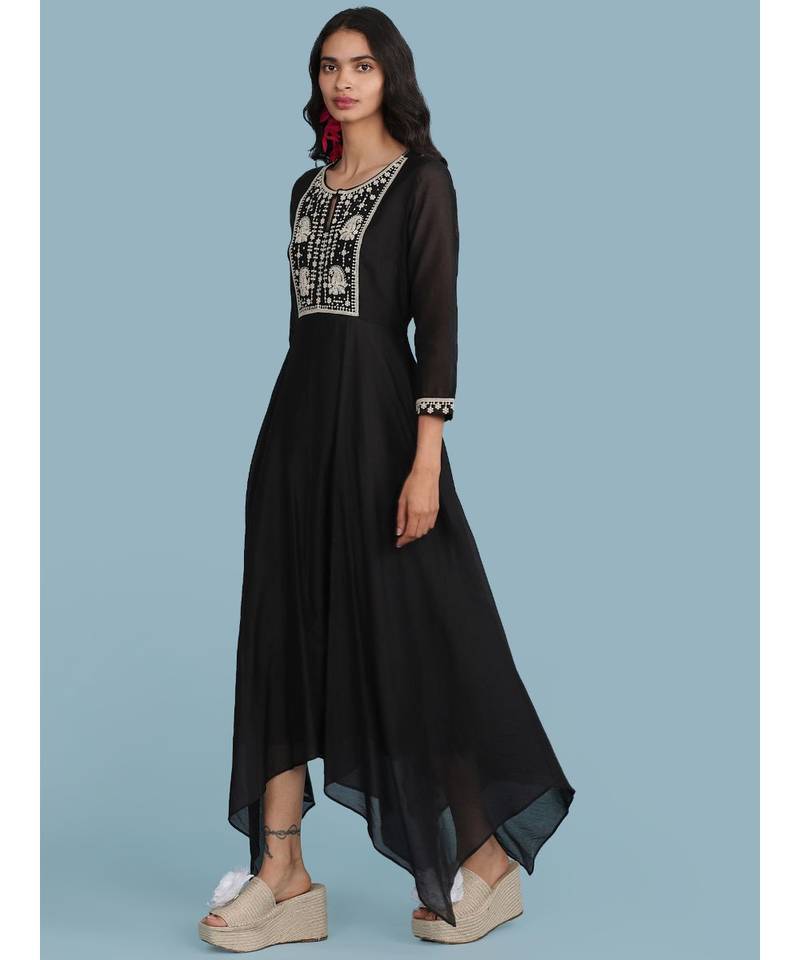 Black Embroidered 3/4 Sleeve Dress