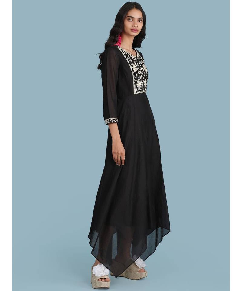 Black Embroidered 3/4 Sleeve Dress