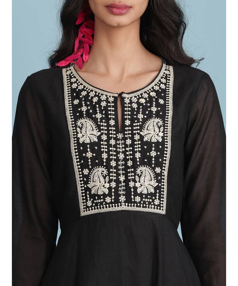 Black Embroidered 3/4 Sleeve Dress