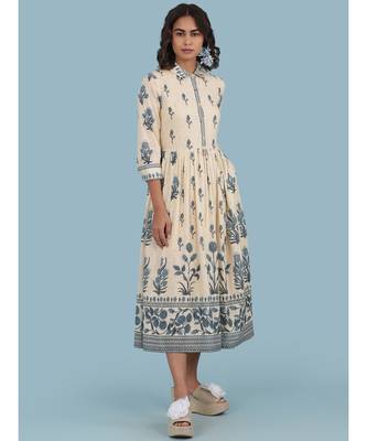 Ecru Floral Print 3/4 Sleeve Long Shirt Dress 1