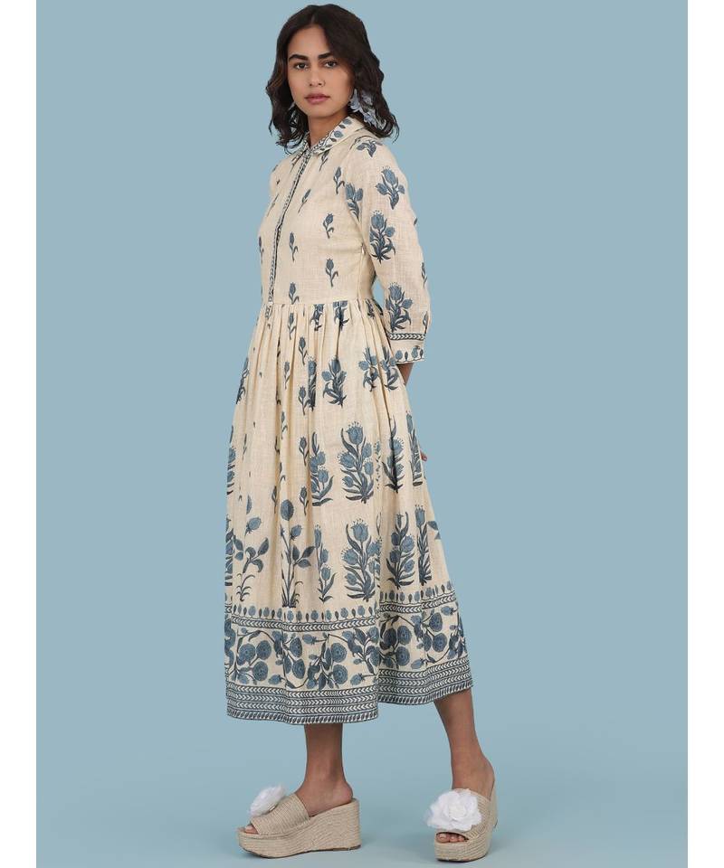 Ecru Floral Print 3/4 Sleeve Long Shirt Dress