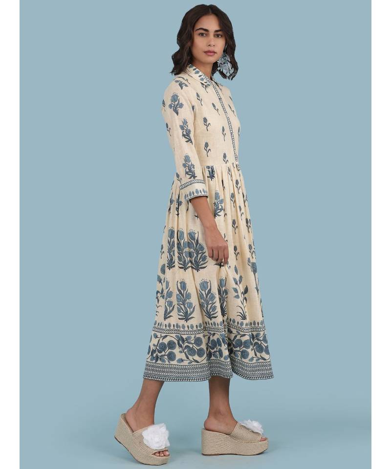 Ecru Floral Print 3/4 Sleeve Long Shirt Dress