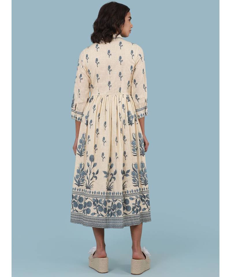 Ecru Floral Print 3/4 Sleeve Long Shirt Dress