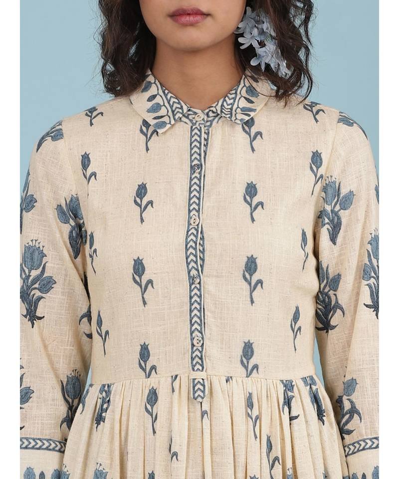 Ecru Floral Print 3/4 Sleeve Long Shirt Dress