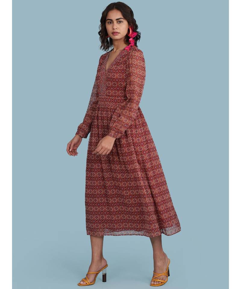 Maroon Printed Midi Dress - RITU KUMAR - 3480913