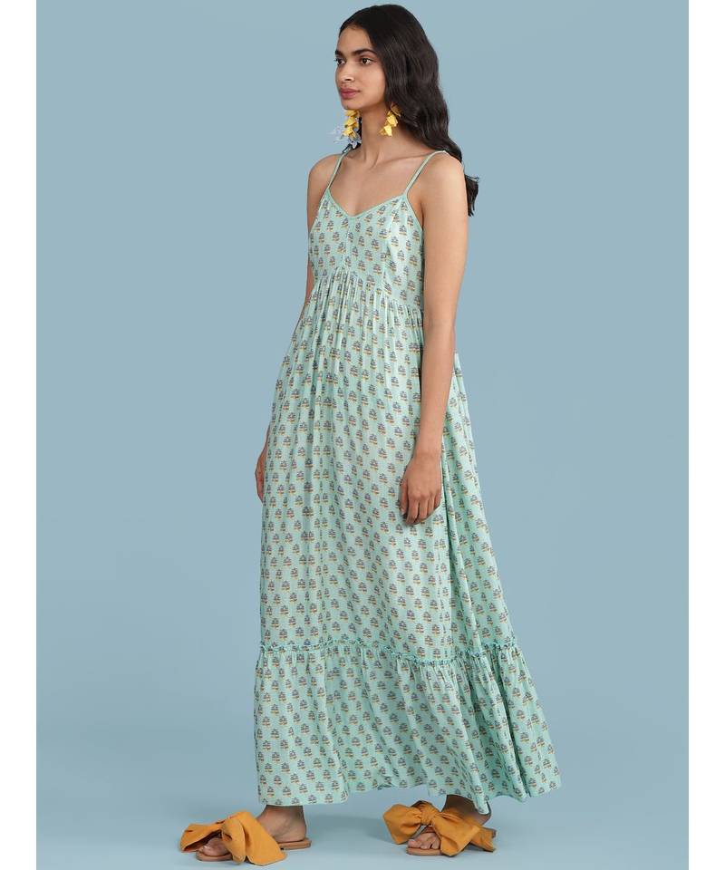 Blue Floral Print Strappy Maxi Dress