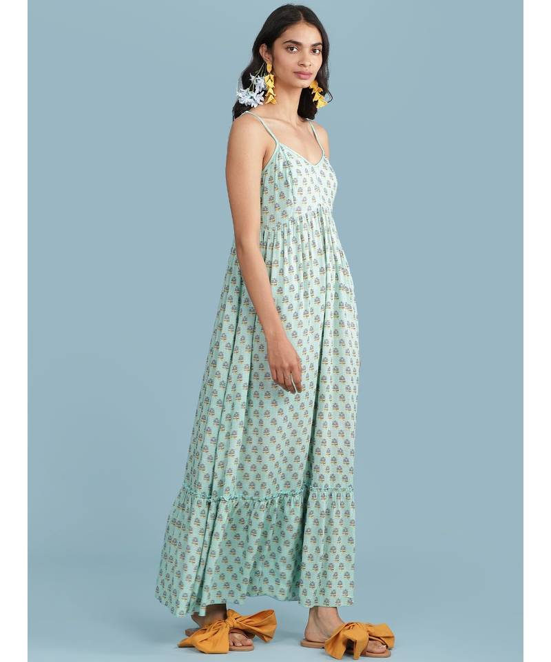 Blue Floral Print Strappy Maxi Dress