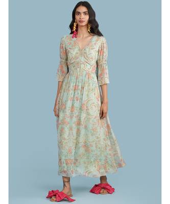 Powder Green Floral Print 3/4 Sleeve Maxi Dress 1