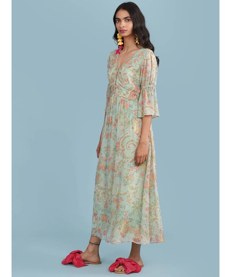 Powder Green Floral Print 3/4 Sleeve Maxi Dress