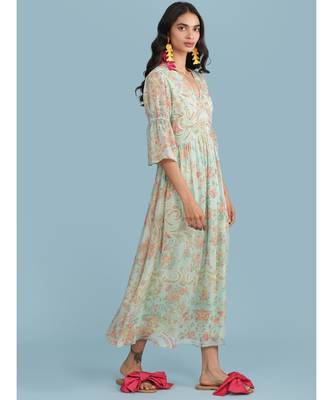 Powder Green Floral Print 3/4 Sleeve Maxi Dress 3