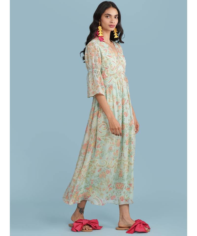 Powder Green Floral Print 3/4 Sleeve Maxi Dress