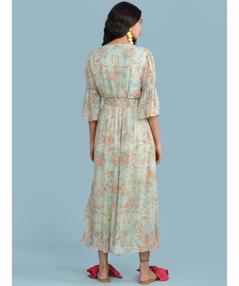 Powder Green Floral Print 3/4 Sleeve Maxi Dress