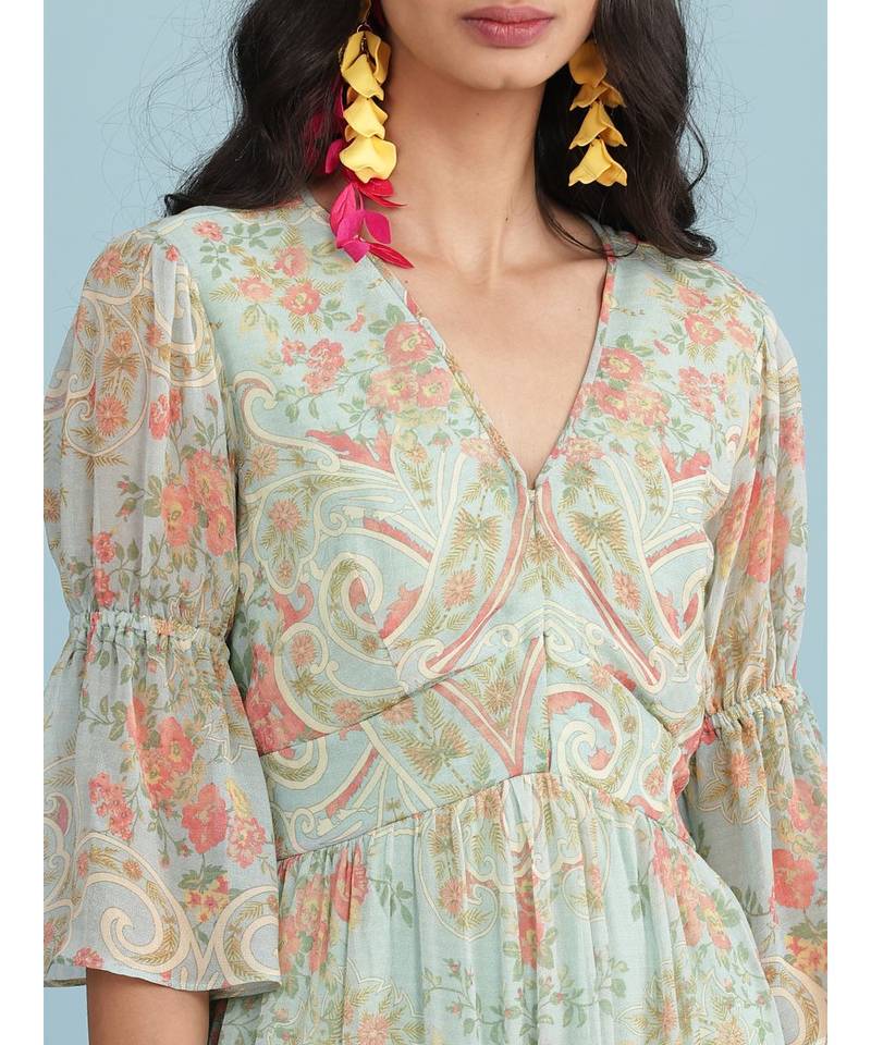 Powder Green Floral Print 3/4 Sleeve Maxi Dress