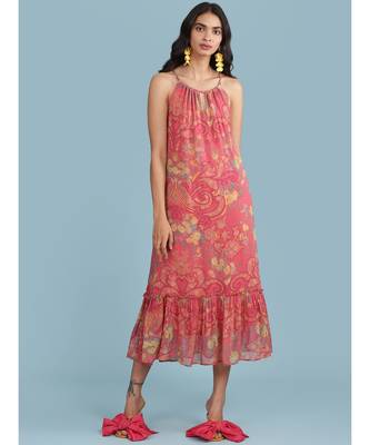 Pink Floral Print Halter Midi Dress 1