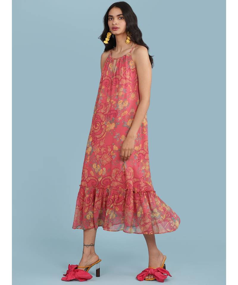 Pink Floral Print Halter Midi Dress