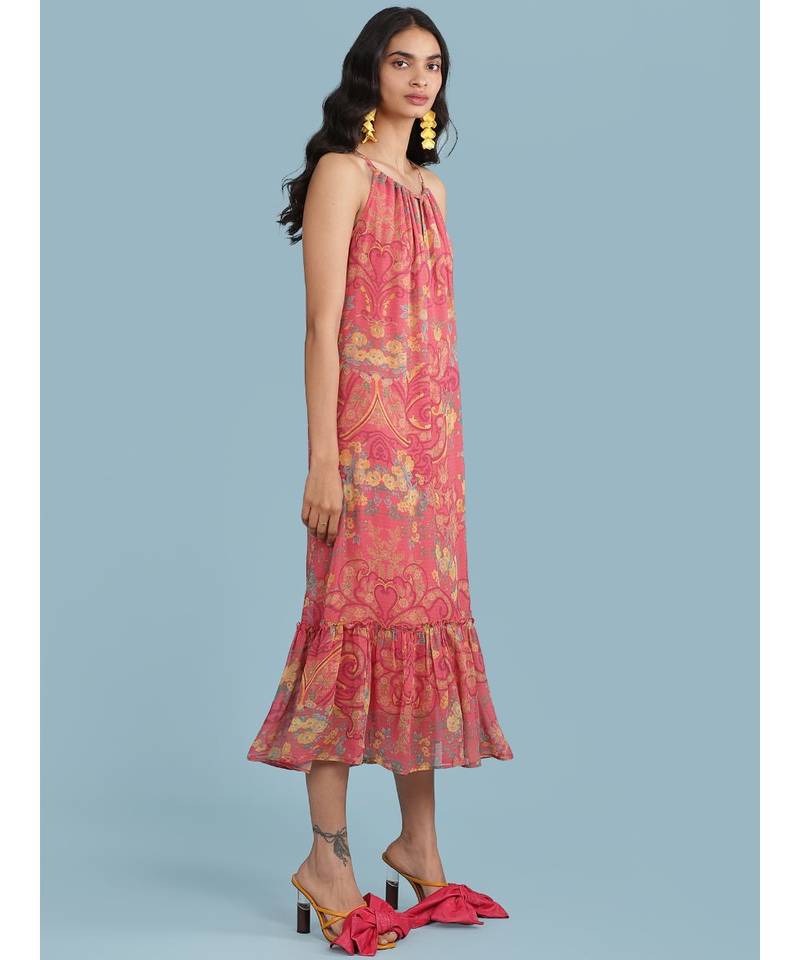 Pink Floral Print Halter Midi Dress