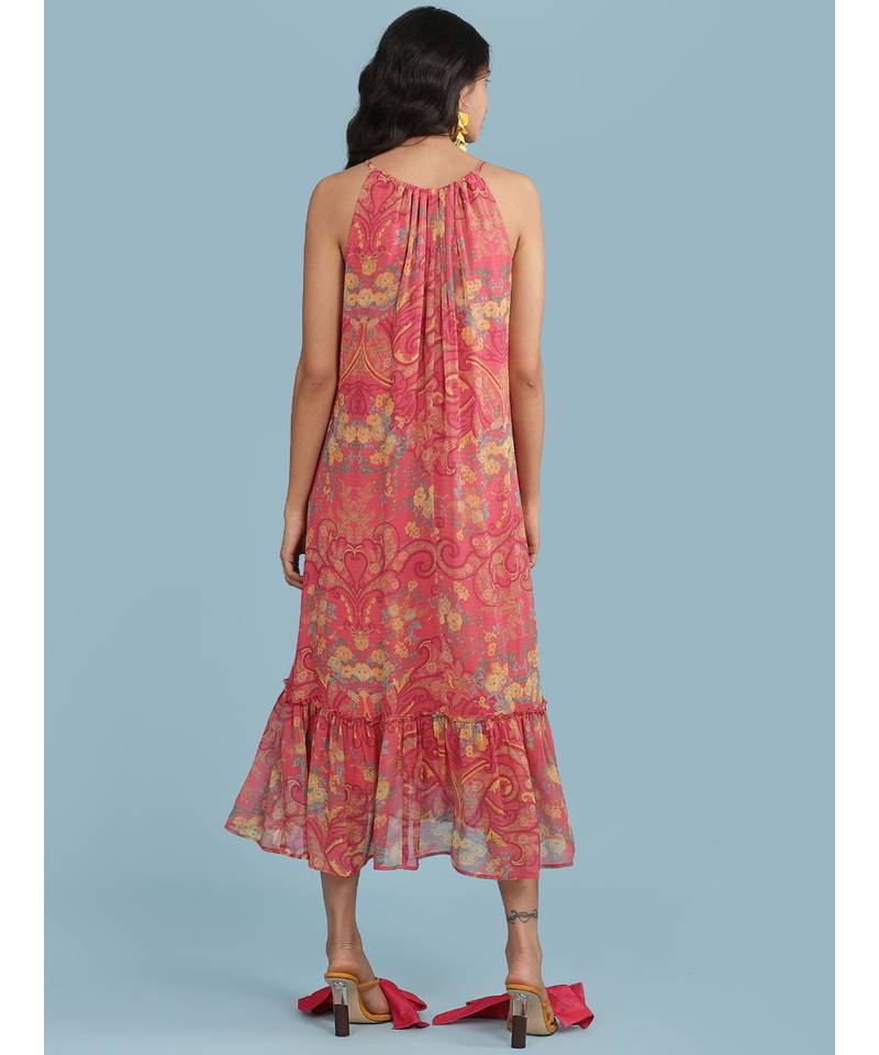 Pink Floral Print Halter Midi Dress