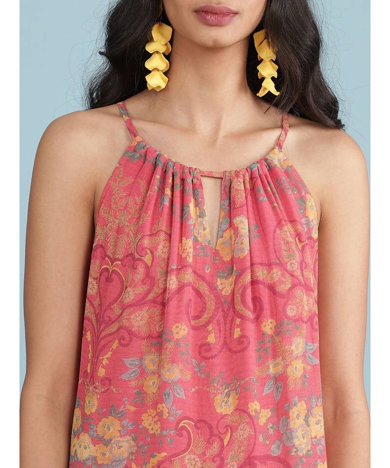 Pink Floral Print Halter Midi Dress