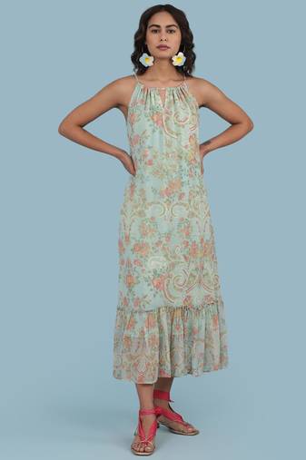 Powder Green Floral Print Halter Midi Dress