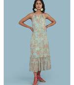 Powder Green Floral Print Halter Midi Dress
