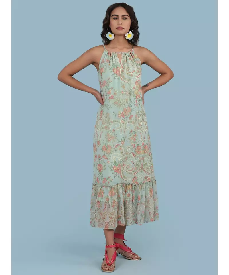 Powder Green Floral Print Halter Midi Dress