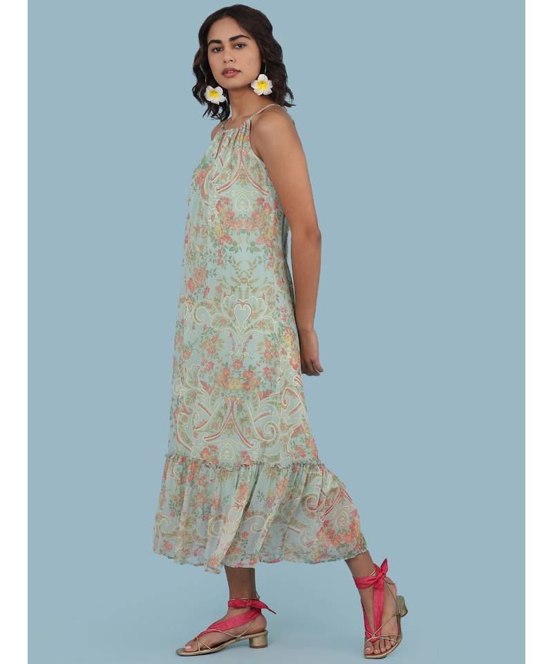 Powder Green Floral Print Halter Midi Dress