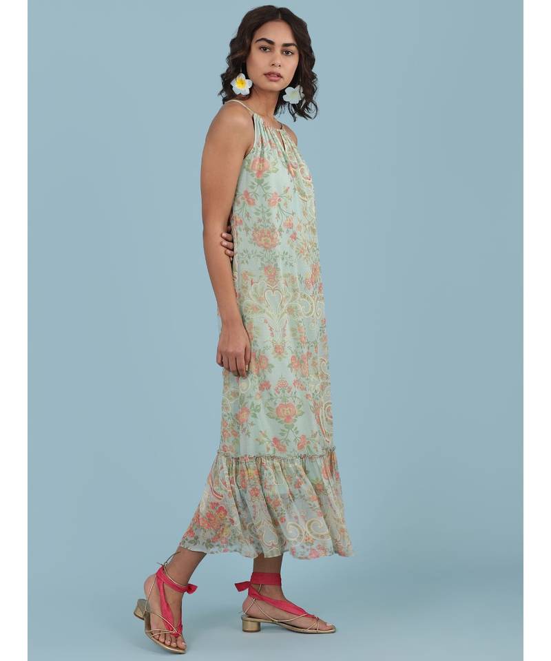 Powder Green Floral Print Halter Midi Dress
