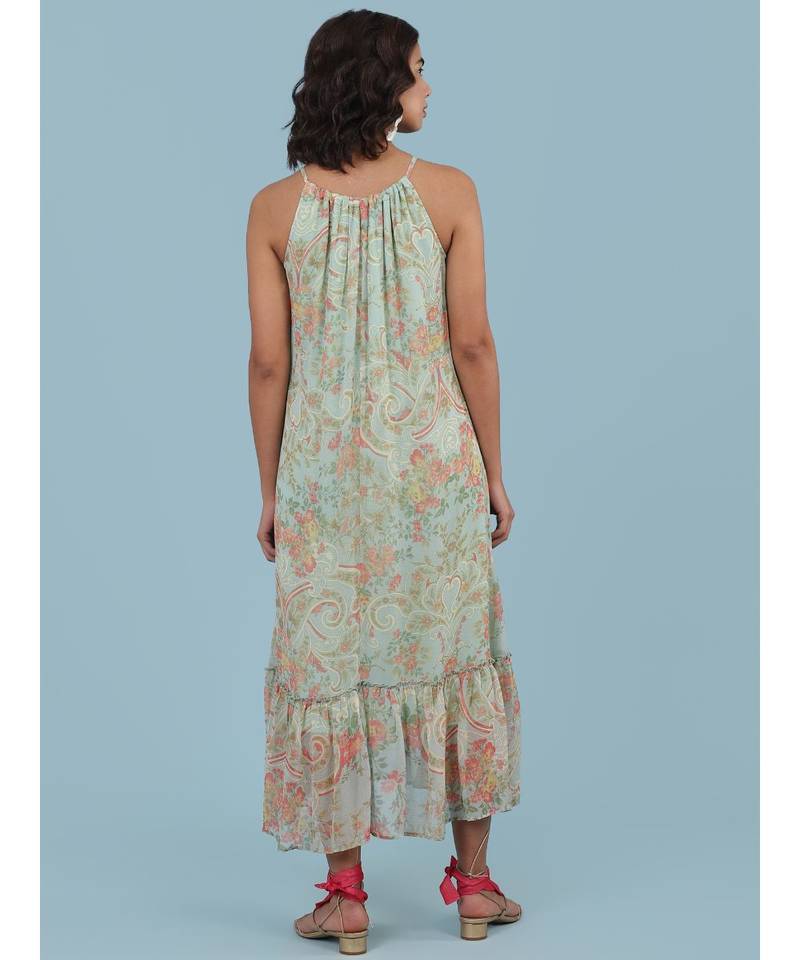 Powder Green Floral Print Halter Midi Dress