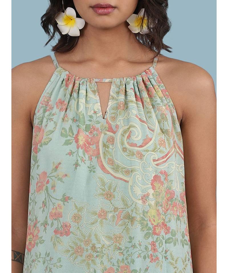 Powder Green Floral Print Halter Midi Dress