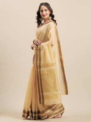 Shaily Women's Beige Cotton Silk Woven Design Saree 1