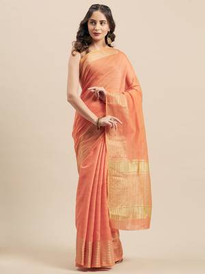 Shaily Women's Peach Cotton Silk Woven Design Saree 1