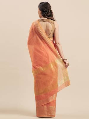 Shaily Women's Peach Cotton Silk Woven Design Saree 2