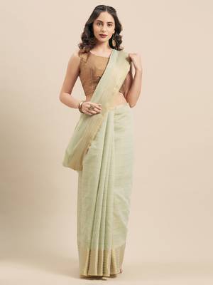 Shaily Women's Green Cotton Silk Woven Design Saree 1