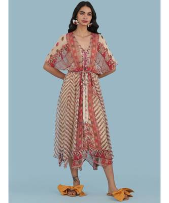 Ecru Printed Half Sleeve Kaftan Dress 1