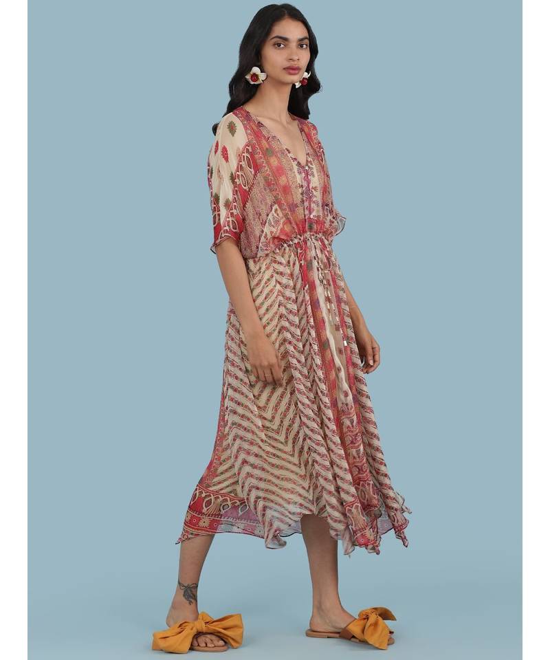 Ecru Printed Half Sleeve Kaftan Dress
