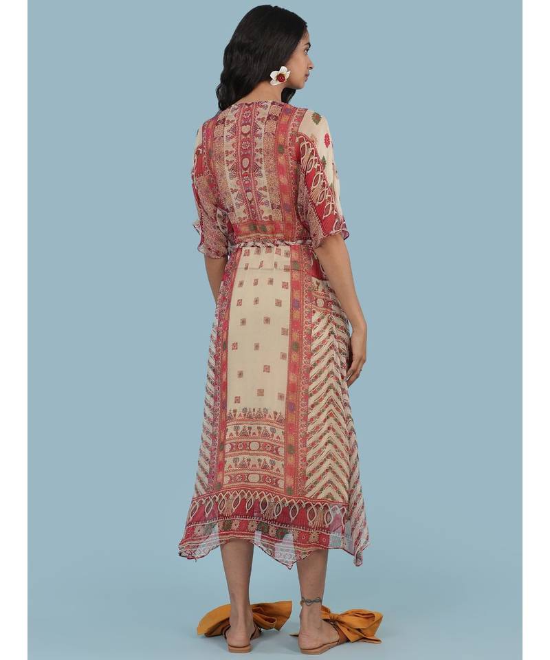 Ecru Printed Half Sleeve Kaftan Dress