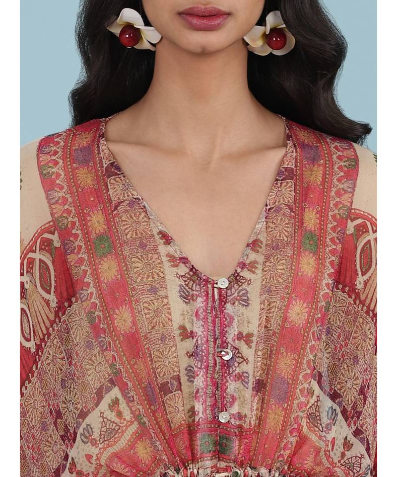 Ecru Printed Half Sleeve Kaftan Dress