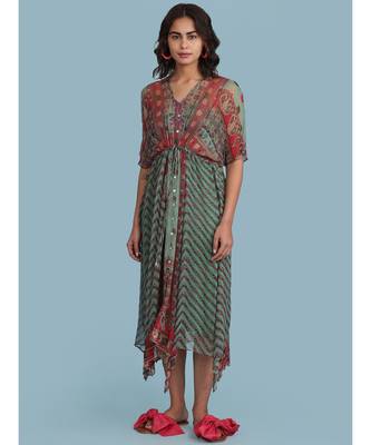 Green Printed Half Sleeve Long Kaftan Dress 1