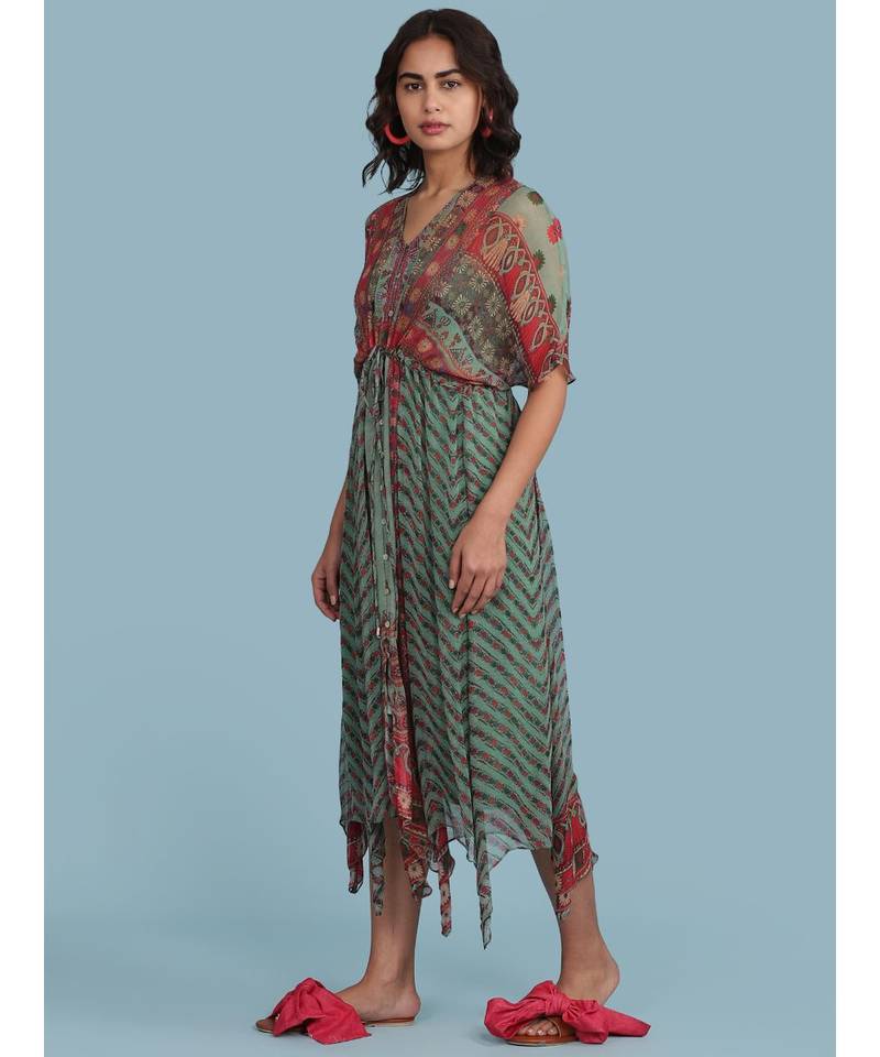 Green Printed Half Sleeve Long Kaftan Dress