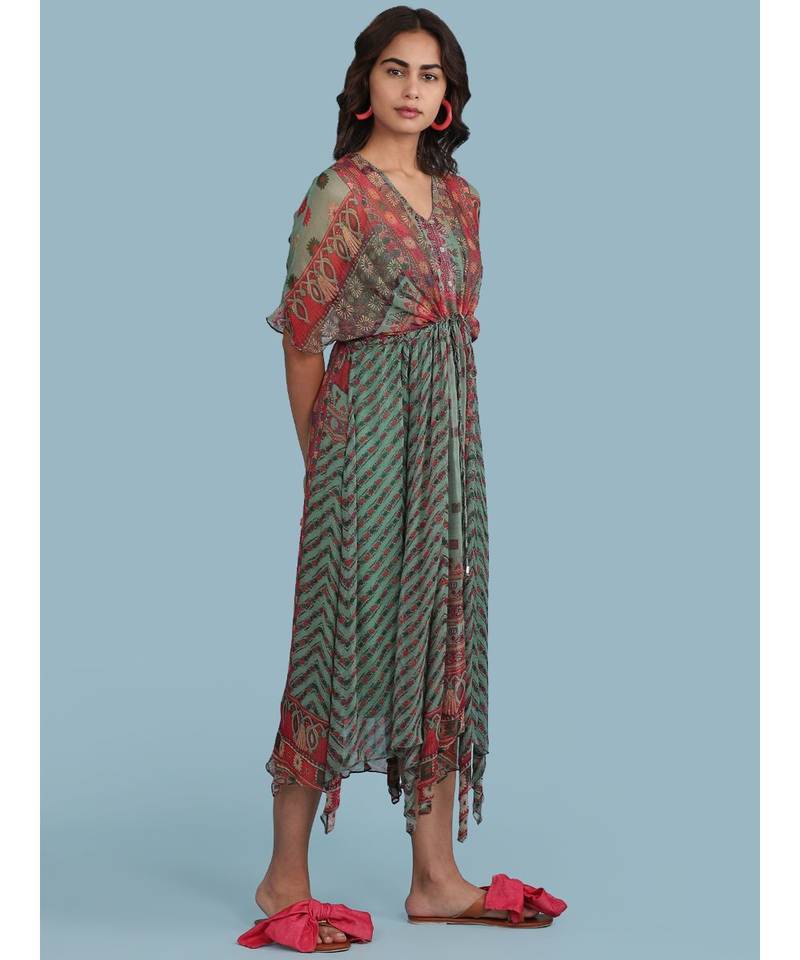 Green Printed Half Sleeve Long Kaftan Dress