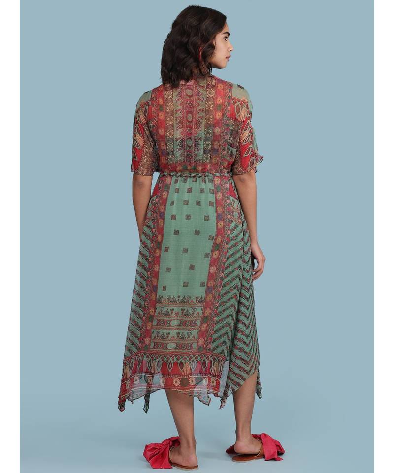 Green Printed Half Sleeve Long Kaftan Dress