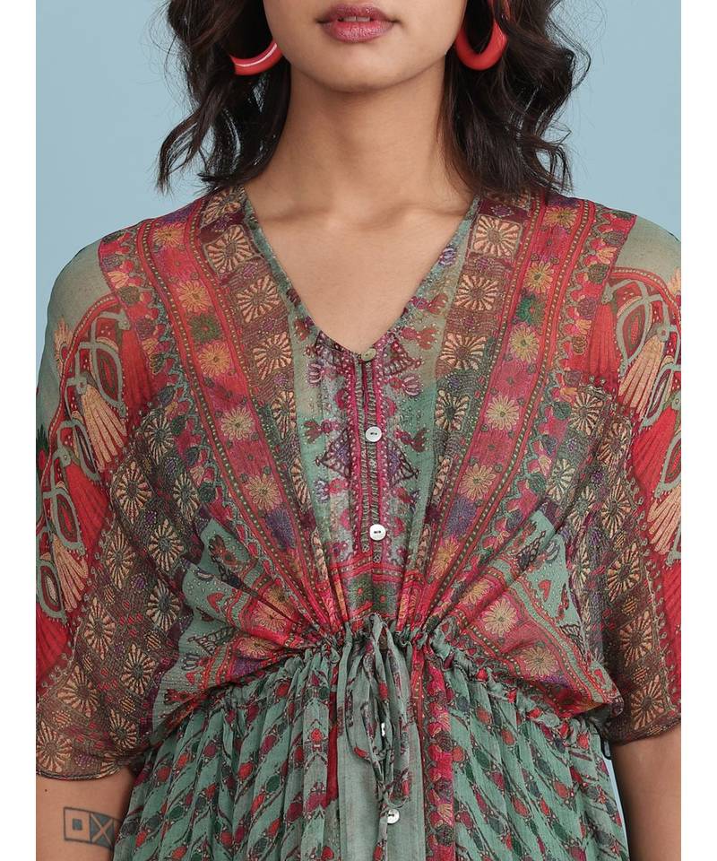 Green Printed Half Sleeve Long Kaftan Dress