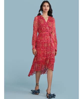Pink Floral Print Ruffle Midi Dress With Belt 1