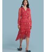 Pink Floral Print Ruffle Midi Dress With Belt