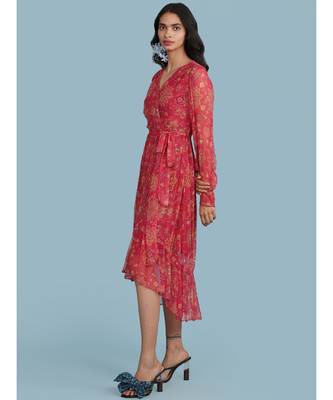 Pink Floral Print Ruffle Midi Dress With Belt 2